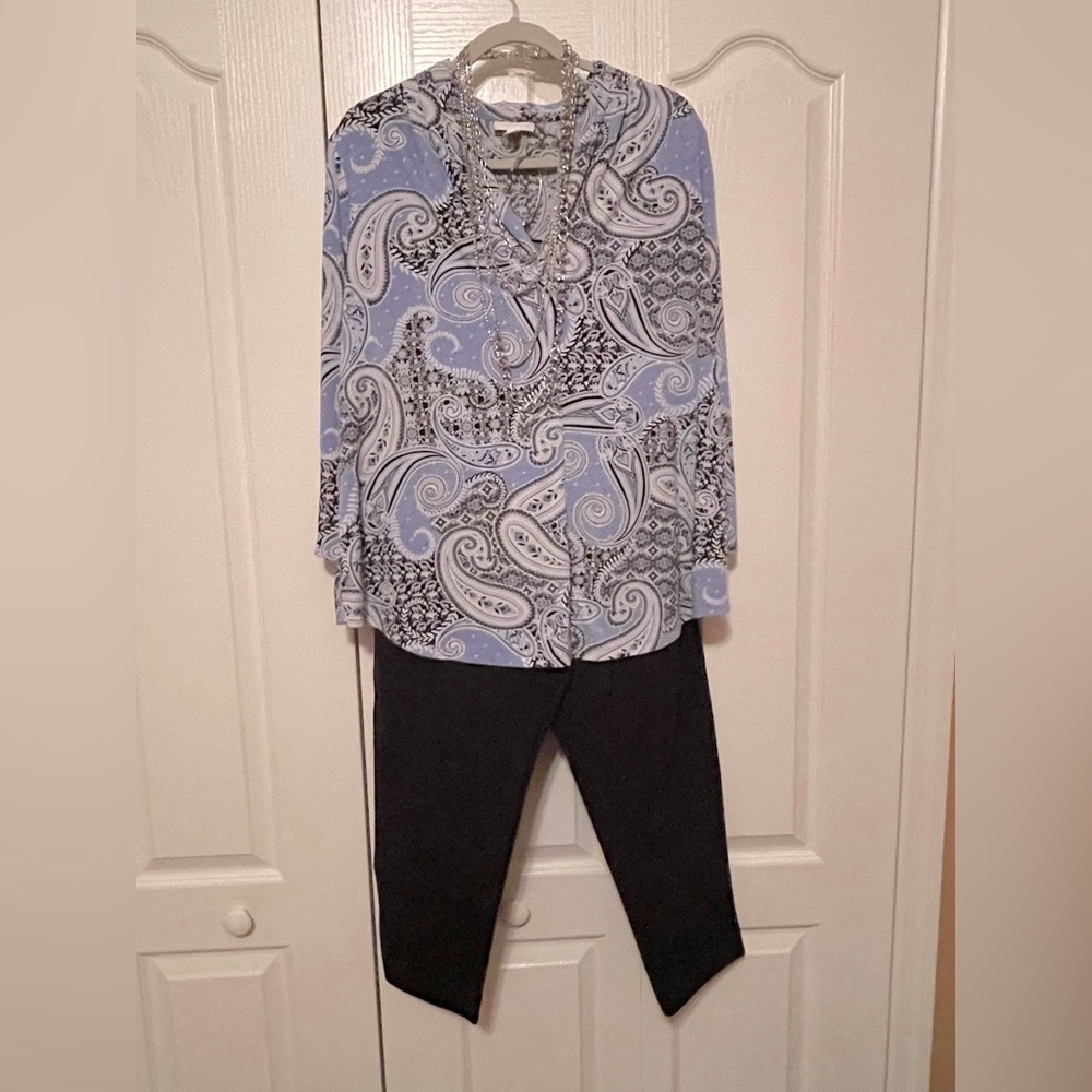 Complete outfit. Paisley blouse 1X with black pants 16w and silver tone necklace